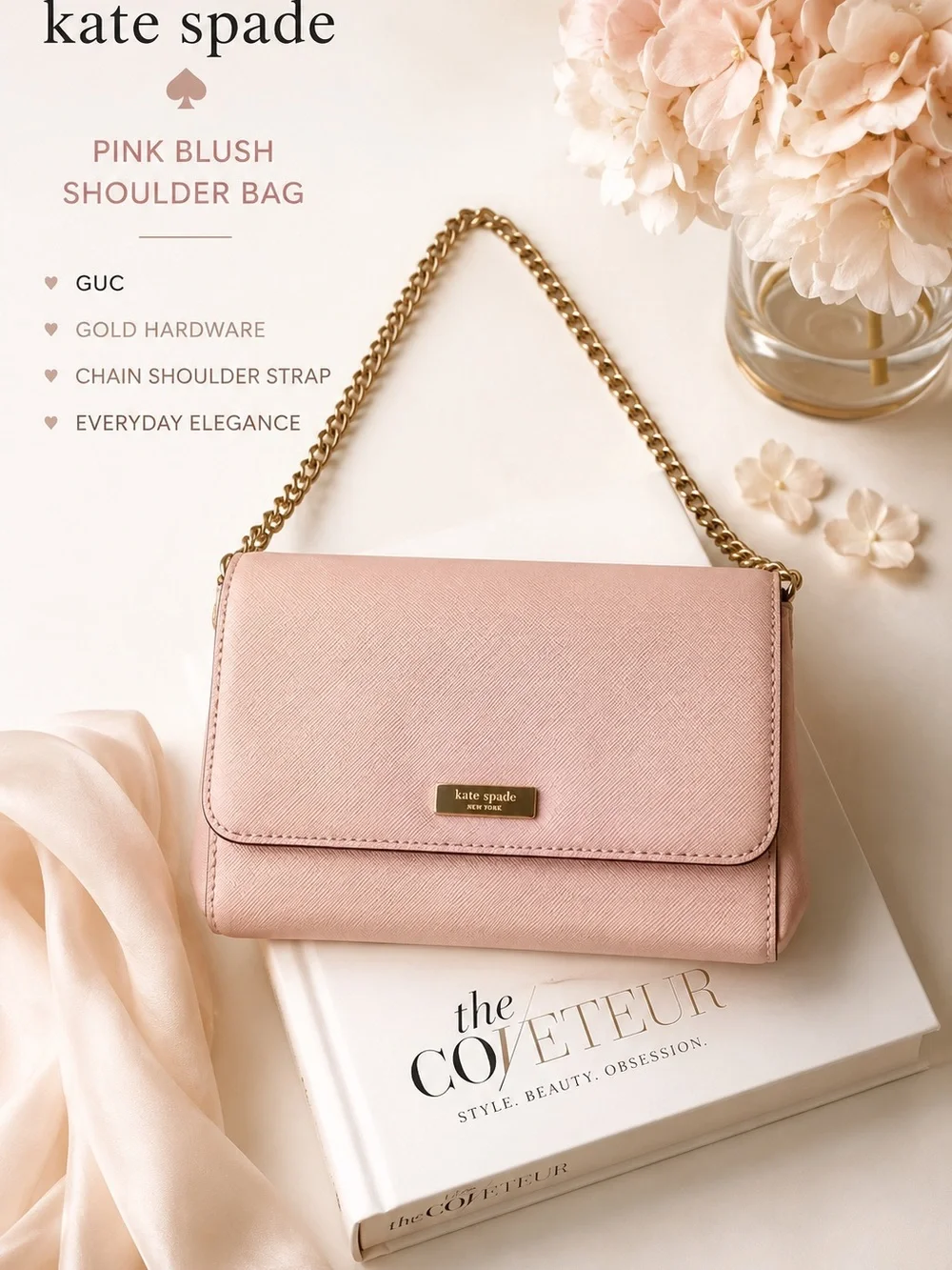 Kate Spade Blush Pink Chain Shoulder Bag Gold Hardware Balletcore Soft Luxury